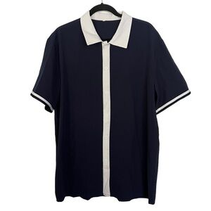 Shein Blue White Trim Short Sleeve Button Up Shirt XL